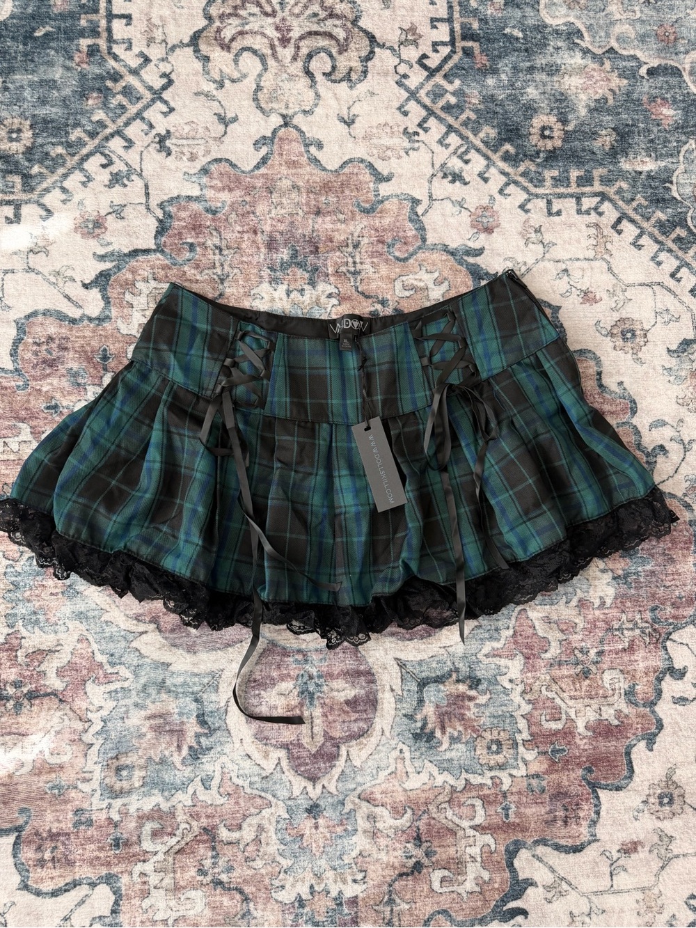 Dolls Kill Green and Black Plaid Mini Skirt with Lace Trim